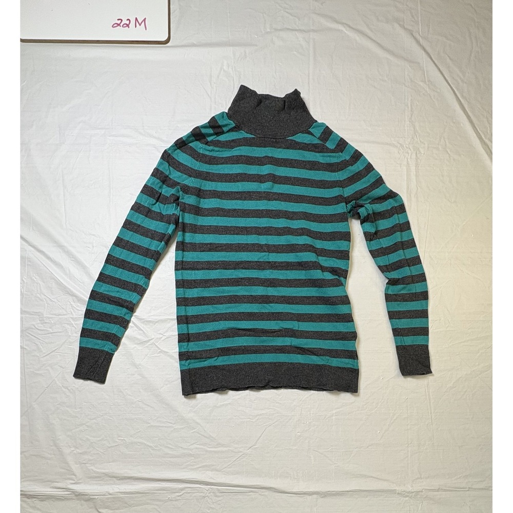 Womens gray/teal striped long sleeve turtle neck sweater, size XS